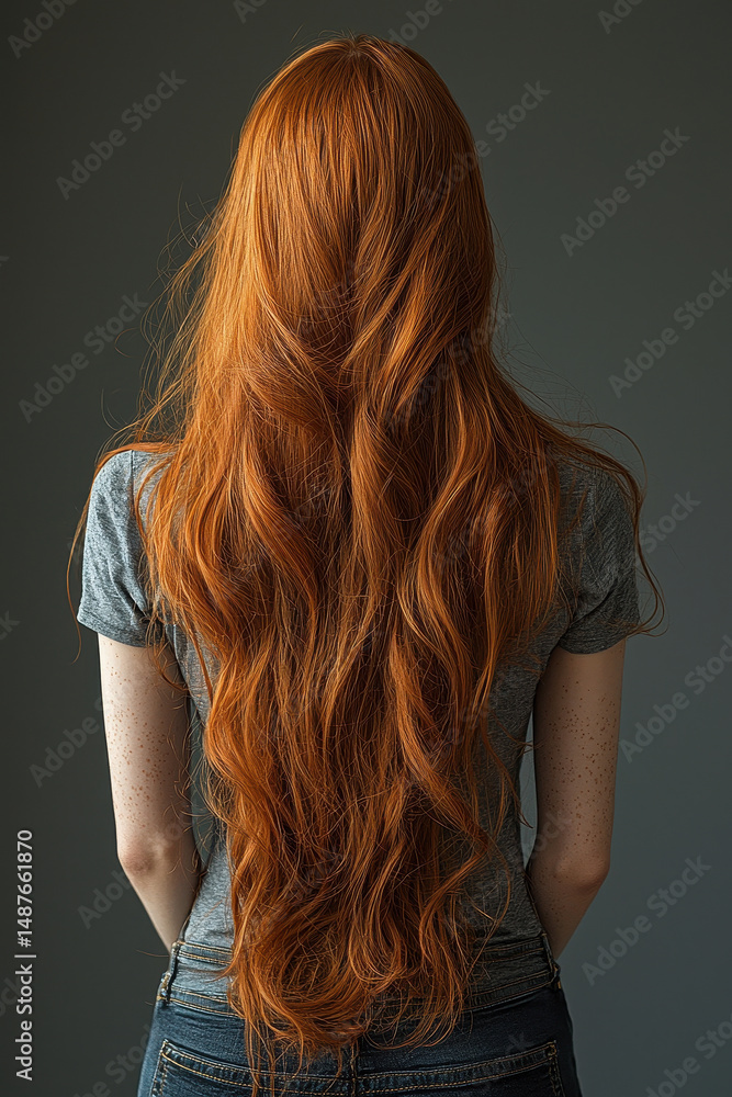 Fototapeta premium Stunning image of woman with long, flowing red hair, showcasing natural waves and casual gray shirt. background is neutral, emphasizing vibrant hair color and texture