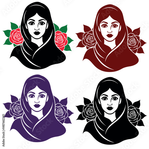 Elegant Woman with Veil And Flowers Illustration Design Collection