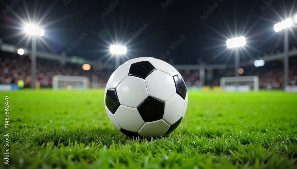 Fototapeta premium Soccer ball on the grass field under stadium lights at night 
