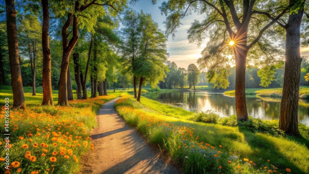 Obraz premium Serene Sunrise Path Along a Tranquil Pond, Flanked by Lush Greenery and Vibrant Wildflowers