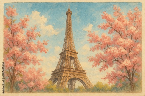 Scenic Watercolor Postcard of Country Landmark in Season
