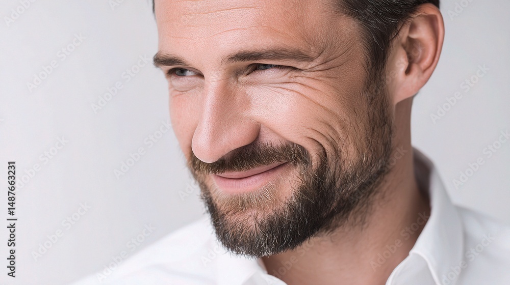 Obraz premium Handsome man with beard in white shirt smiling softly and warmly