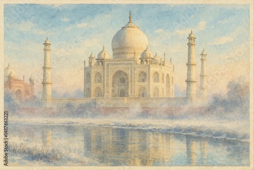 Scenic Watercolor Postcard of Country Landmark in Season

