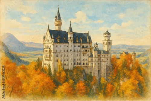 Scenic Watercolor Postcard of Country Landmark in Season
