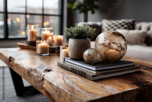 Cozy coffee table with candles, books and potted plant