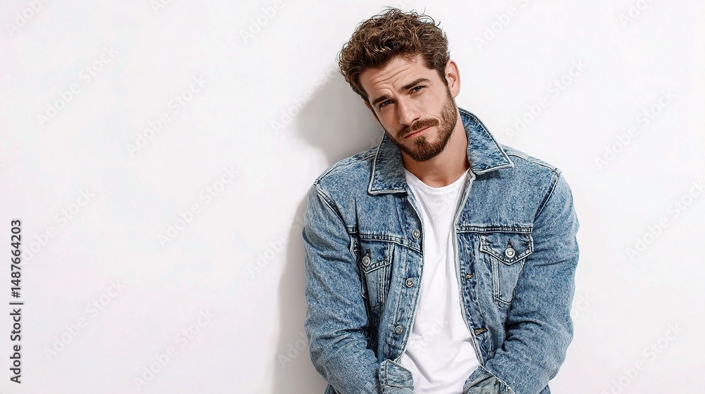 Latin man in denim jacket with subtle smirk and relaxed pose Latin man in denim jacket with subtle smirk and relaxed pose
