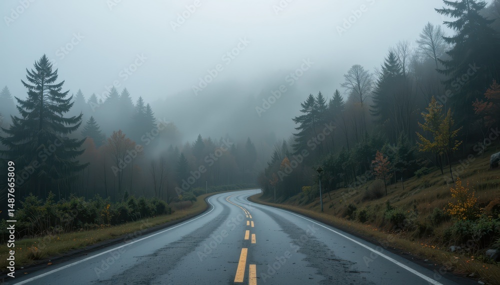 Naklejka premium Misty Mountain Road A Serene Drive Through a Foggy Forest