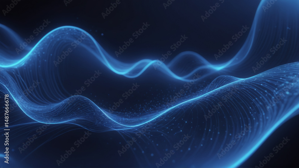 Obraz premium Abstract blue digital waves and particles flowing on a dark background