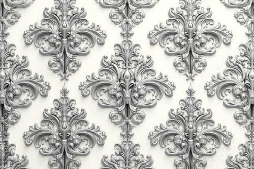 Symmetrical damask pattern with swirling acanthus leaves and intricate detailing in shades of grey , fabric, grey-scale