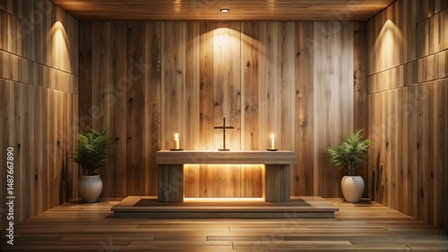 Serene Wooden Chapel Interior with Subtle Lighting and Minimalist Altar