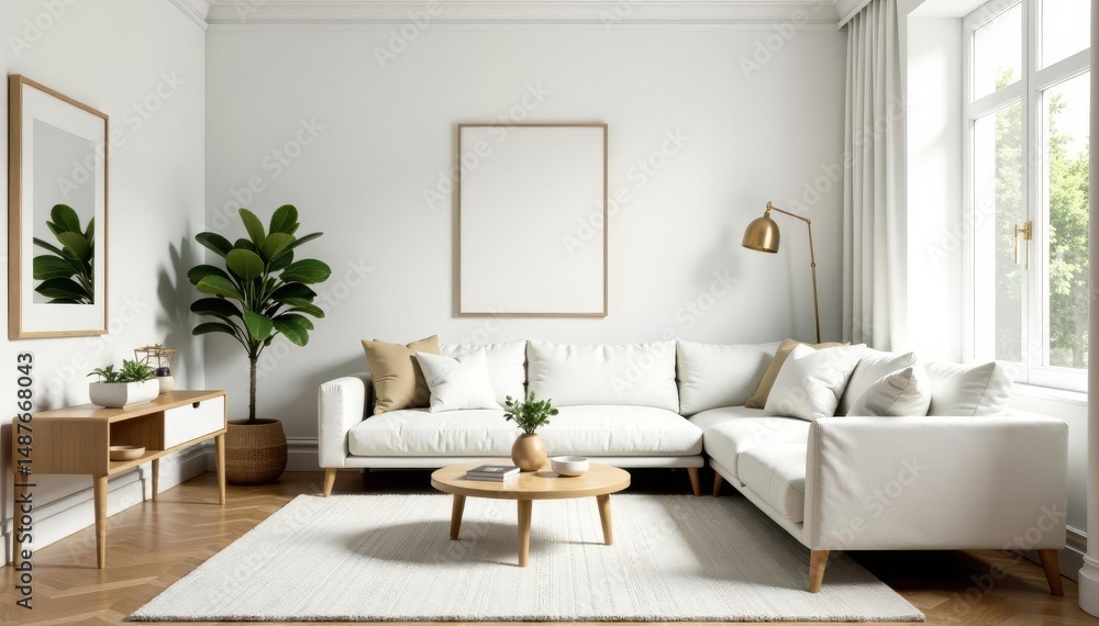 Fototapeta premium Bright Scandinavian living room White walls, wooden accents Gold decor Stylish plant , frames, apartment