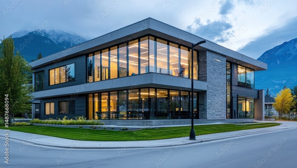Modern Office Building in Mountainous Landscape Modern Office Building in Mountainous Landscape