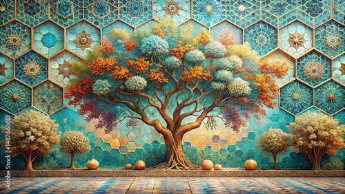 A Majestic Autumnal Tree Before an Intricate Geometric Wall Featuring Autumnal Hues and Ornate Detailing