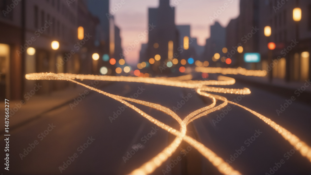 Digital data flow represented by glowing lines on a city street at night Digital data flow represented by glowing lines on a city street at night