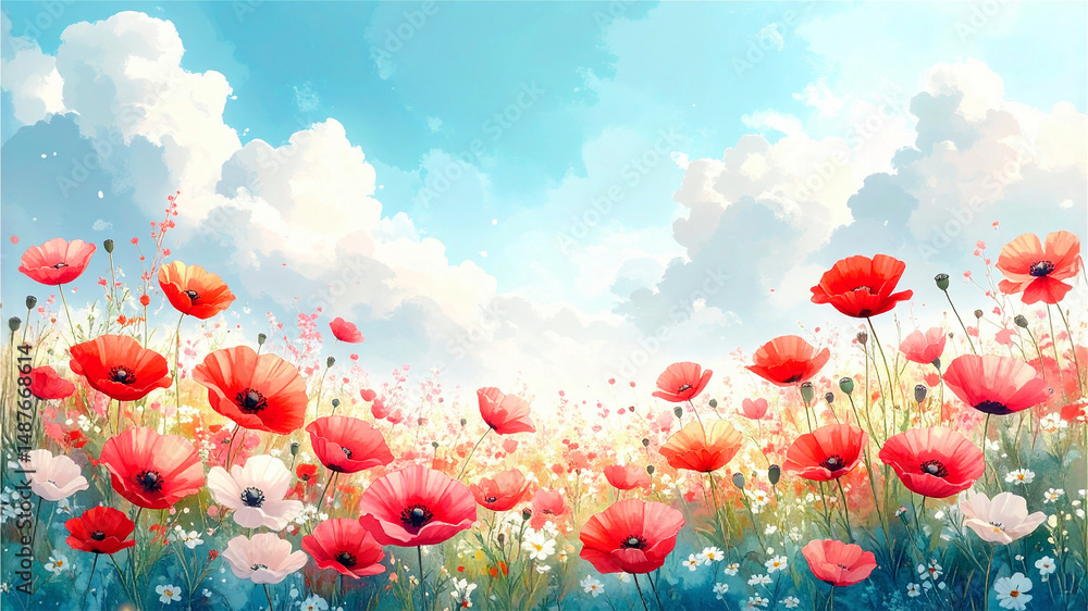 Obraz premium 青空の下の赤いポピーのお花畑の風景