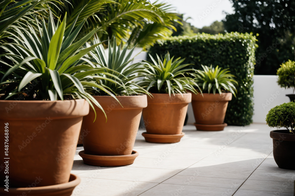 Fototapeta premium Potted plants arranged on a patio, perfect for outdoor decor or home office use