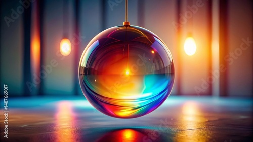 A vibrant iridescent sphere hangs suspended, reflecting a warm inner light and surrounding ambient illumination, creating a captivating display of color and luminosity.
