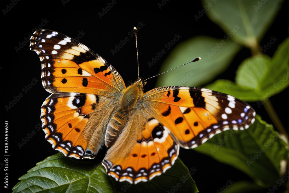 Obraz premium A colorful butterfly perched on a lush green leaf, perfect for nature or environmental illustrations
