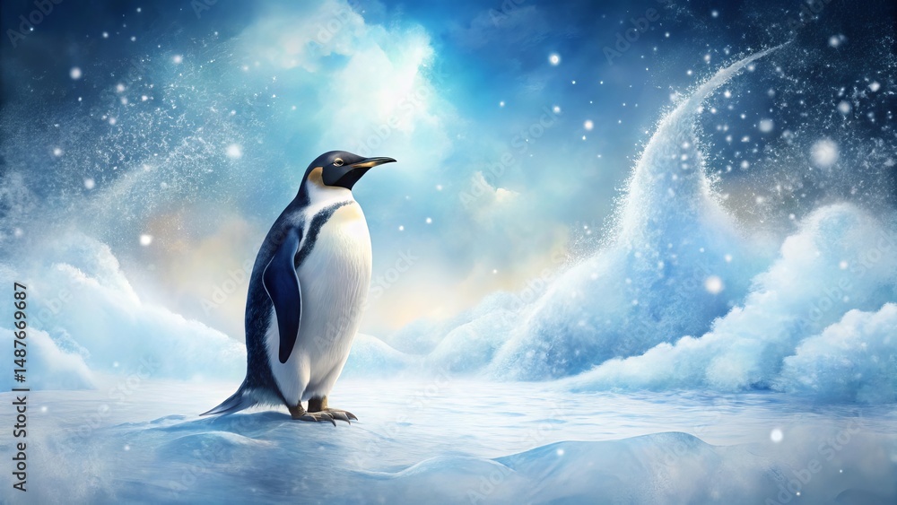 Fototapeta premium Majestic Emperor Penguin Stands Alone Amidst a Winter Wonderland of Snow and Ice, a Breathtaking Scene of Polar Beauty