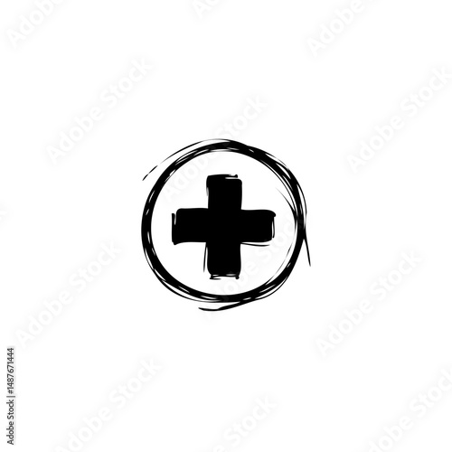 Grunge plus sign within a loosely drawn circle creating a textured effect