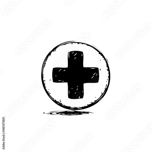 Distressed style black medical cross emblem inside a circular grunge border design