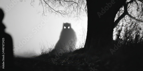Mysterious creature silhouette in foggy landscape
