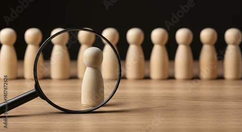 wooden figures,  peg dolls,  magnifying glass, Magnifying Glass Focusing on One Wooden Figure in a Row