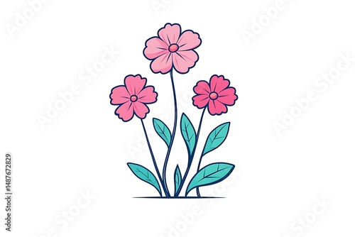 Wallpaper Mural Pink Cosmos Flowers Cartoon Illustration, Floral Blossom Isolated on White Background Torontodigital.ca