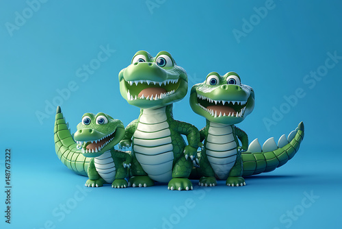 Three cartoon crocodiles smiling and posing together against a bright blue background, showcasing playful camaraderie