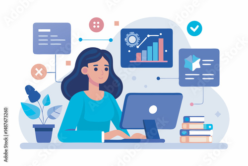 Character using artificial intelligence generative tools on computer. Women using ai SEO concept. Vector illustration.
