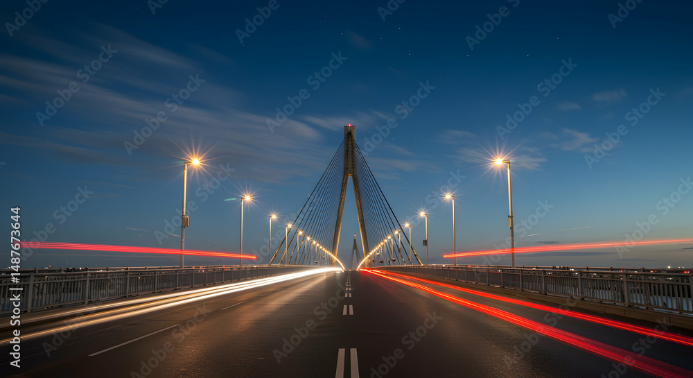 Fototapeta premium bridge, cable-stayed bridge, night, Night Traffic on Cable-Stayed Bridge
