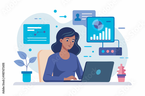 Character using artificial intelligence generative tools on computer. Women using ai SEO concept. Vector illustration.
