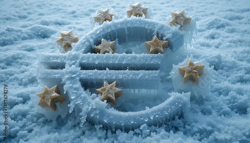 Frozen ice euro symbol covered in frost, representing economic recession, crisis, and stagnation in Europe
