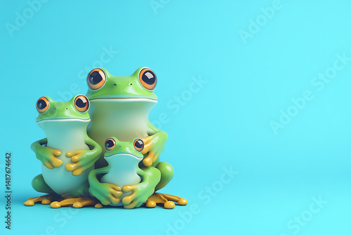 Three cartoon frogs of varying sizes sitting together on a bright blue background, showcasing family unity