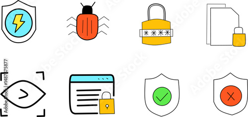 Set of automation security icons of certificate, network, virus, prevention, password, firewall, encryption, malware, biometrics, authentication, audit, phishing, spyware, trojan, identity, risk manag