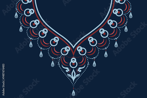 Elegant ethnic collar design with ornamental embroidery style in midnight blue, powder blue, and crimson red. Perfect for kurta neckline, hijab, abaya, kaftan, or textile embellishment