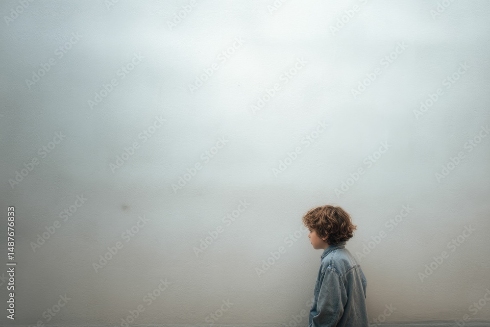 Fototapeta premium Child in Denim Jacket Gazing into Misty Distance: A Serene Minimalist Portrait