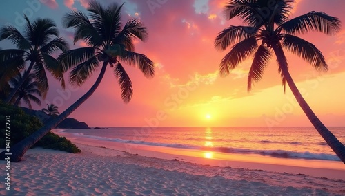 White sand beach, palm trees silhouette, sunset , yellow, sky, beach