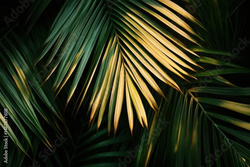 Golden Sunlight on Lush Green Palm Fronds Tropical Background