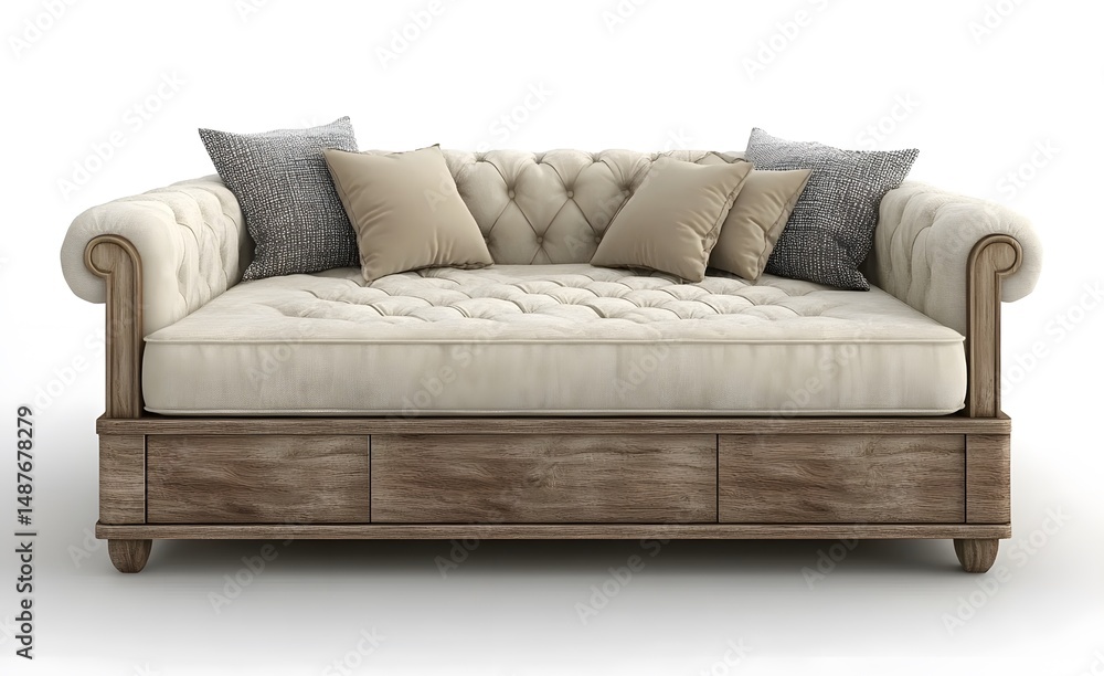 Naklejka premium Beige leather sofa with wooden base decorated with pillows. Interior design concept. Isolated object on white background.