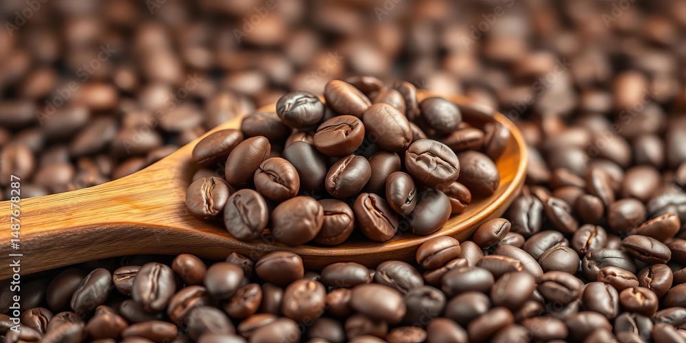 Fototapeta premium Roasted coffee beans on wooden spoon, nestled in coffee bean bed, rustic, roasted