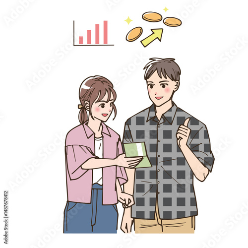 株式投資でお金を増やしている夫婦のイラスト