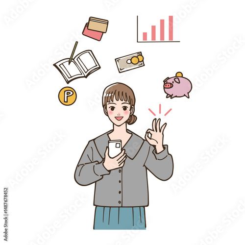 家計簿アプリを使っている女性のイラスト