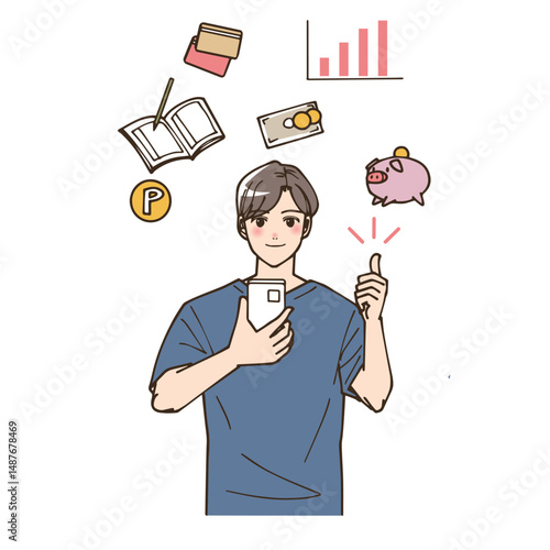 家計簿アプリを使っている男性のイラスト