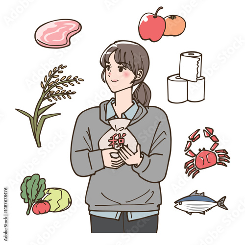 ふるさと納税をしている女性のイラスト