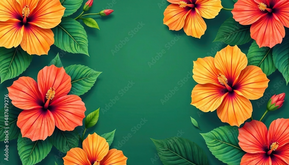 Fototapeta premium Bold tropical hibiscus pattern, vibrant orange and green, design, tropical flowers, background