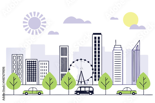 Simple Cityscape with Modern Buildings and Transportation