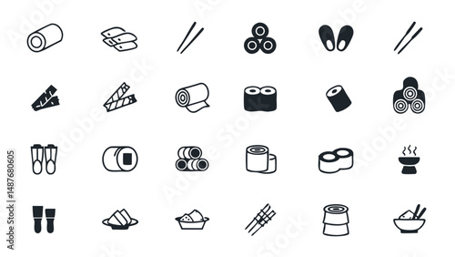 Collection of Black and White Asian Food Icons
