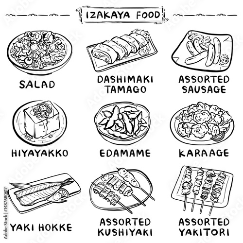 居酒屋の人気メニューのイラストセット　1色