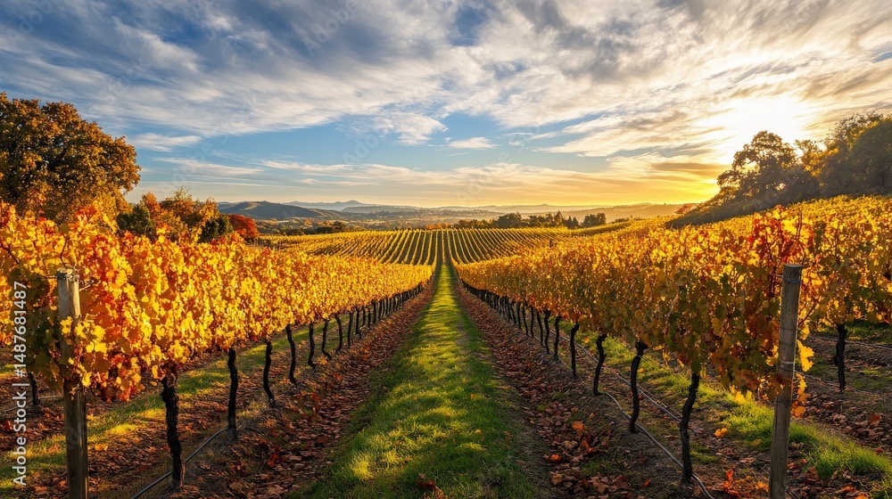 Fototapeta premium Expansive vineyard landscape at autumnal sunset.